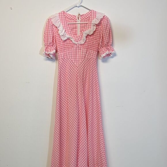 Vintage 1970s Pink White Gingham Ruffled Prairie Maxi Dress, Size XS - Picture 5 of 16